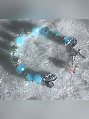 Vintage Catholic AB Glass Blue Rosary Bracelet Italy Medals